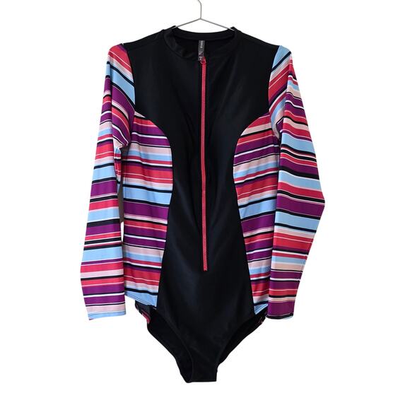 Torrid One Piece Rash Guard Swimsuit Black Multicolor Stripe Women Size 0 Zip - Picture 1 of 12